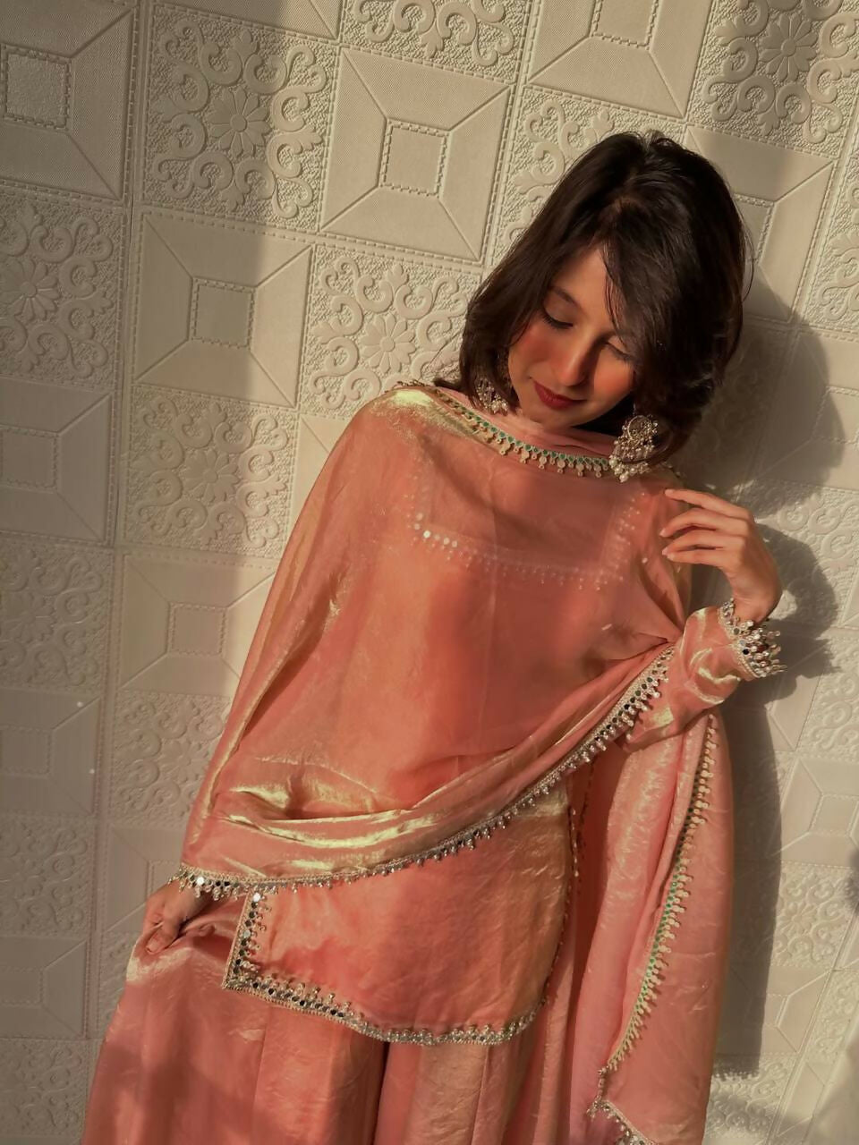 Teeya Creation Womens New Trending Less and Mirror Work Kurta Palazzo Set - Peach | Grocsy
