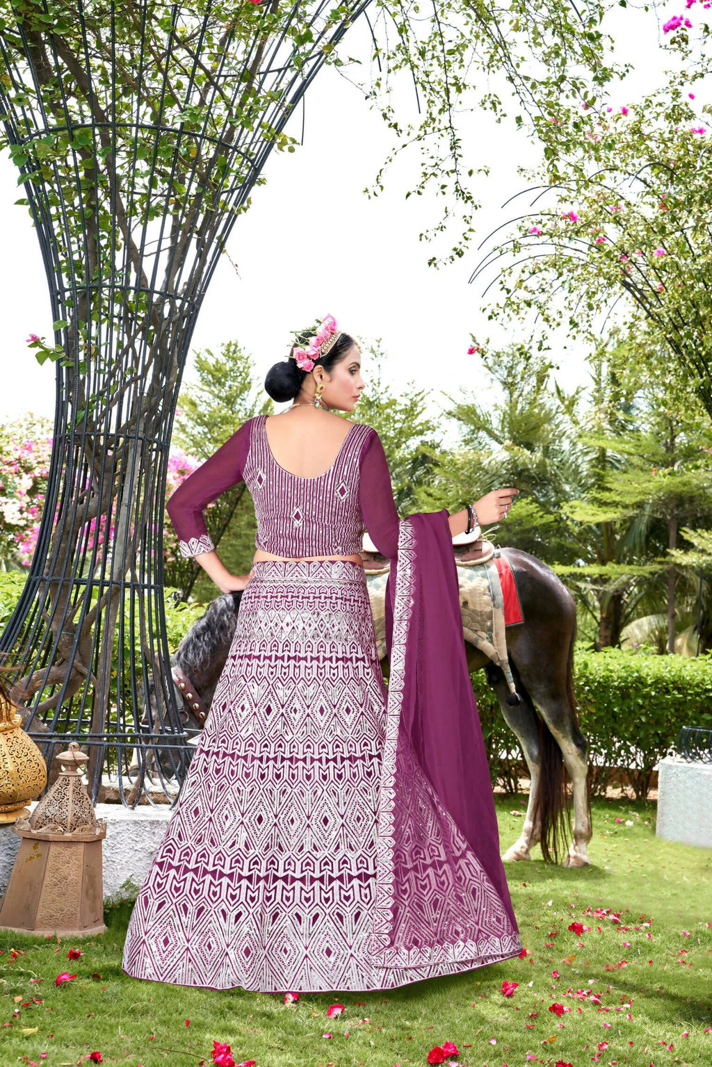 Purple Net Embroidered Semi Stitched Lehenga Choli with Dupatta - Bhagya | Grocsy