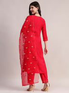 Aavyora Women's Red Embroidered Roman Silk Kurta, Palazzo & Organza Dupatta Set | Grocsy