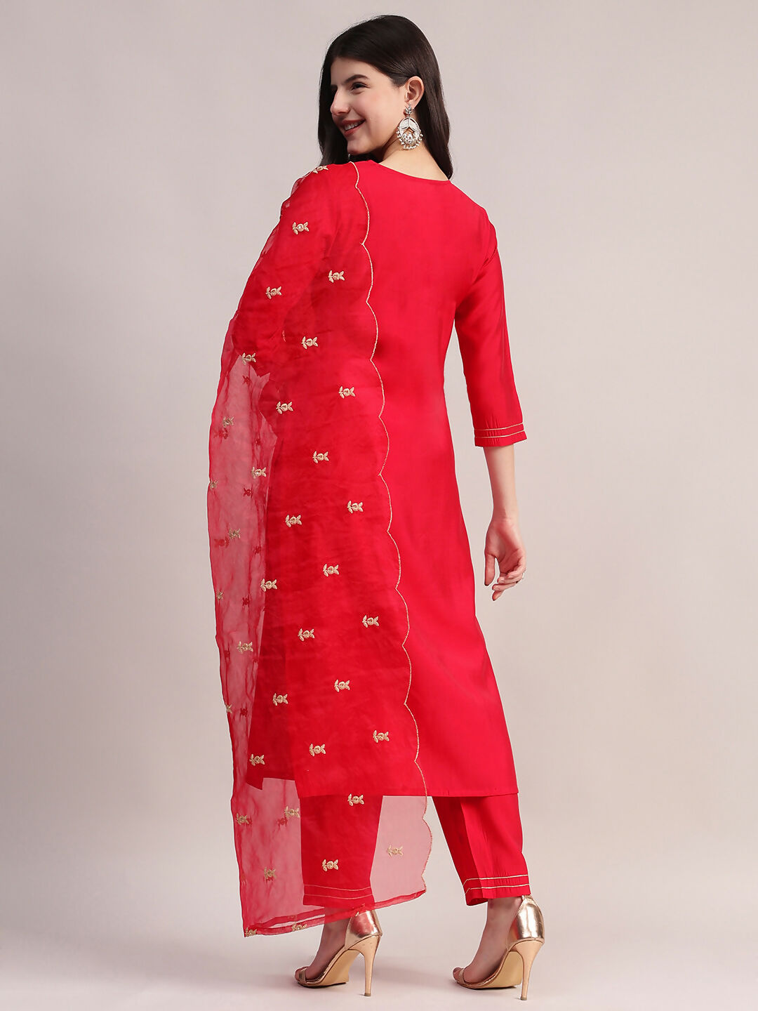 Aavyora Women's Red Embroidered Roman Silk Kurta, Palazzo & Organza Dupatta Set | Grocsy