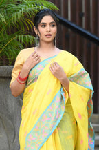 Beatitude Yellow Slub Cotton Floral Jamdani Saree | Grocsy