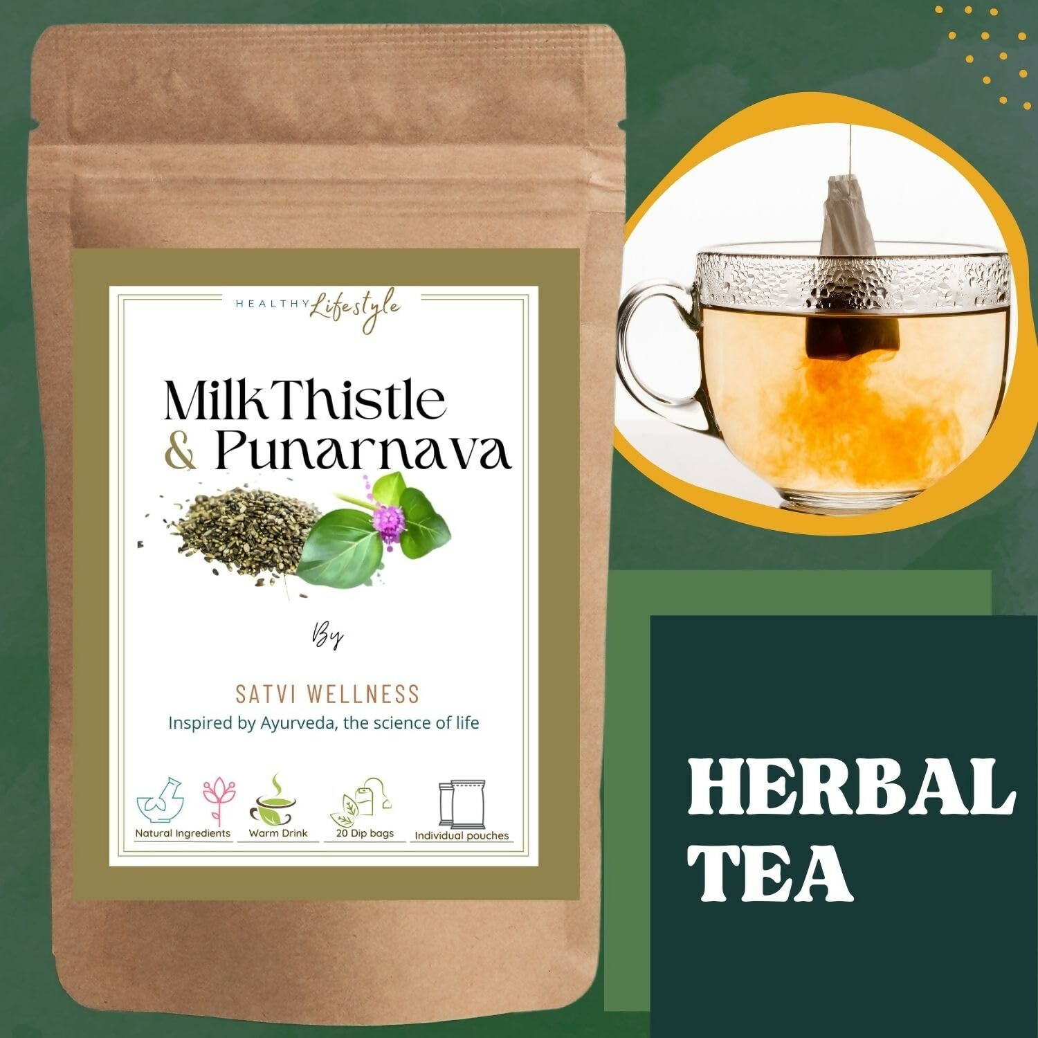 Satvi Wellness Milk Thistle Punarnava Tea | Blend Of Milk Thistle and Punarnava Herbal Tea Bags | Grocsy