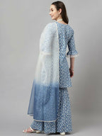 FIORRA Women's Sky Blue Pure Cotton A-Line Kurta & Sharara With Dupatta | Grocsy