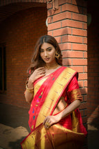 Jyoti Fashion Women's Gajri Red Paithani Silk Zari Woven Saree with Blouse | Grocsy