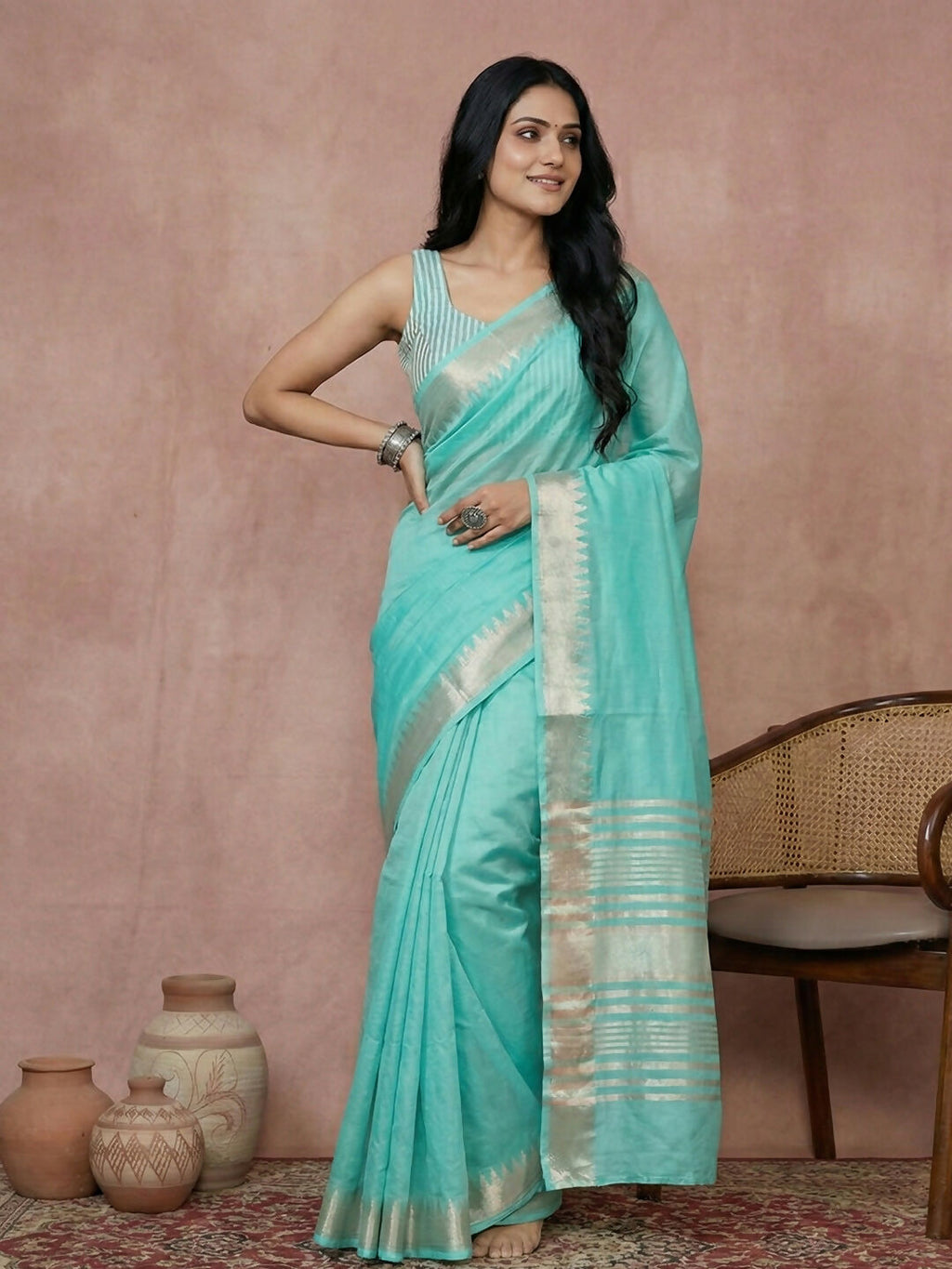 Shree Shyam Fashion Turquoise Cotton Saree | Grocsy