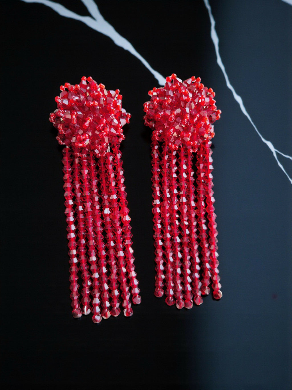 Inhanns Handmade Crystal Waterfall Earrings - Long - Maroon Big | Grocsy