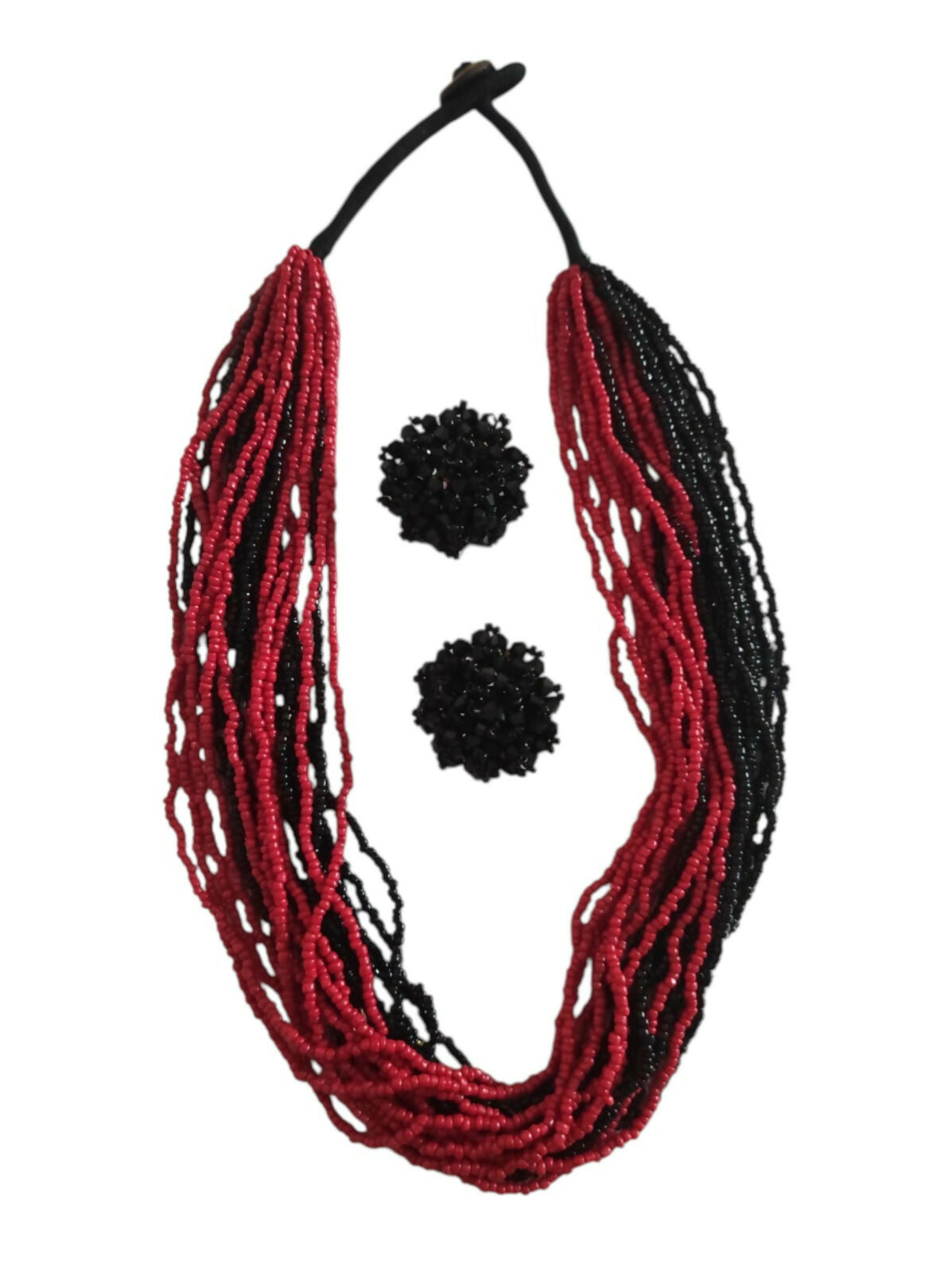 Inhanns Vibrant Handmade 20 Layers Beaded Necklace With Matching Earrings - Black & Red | Grocsy