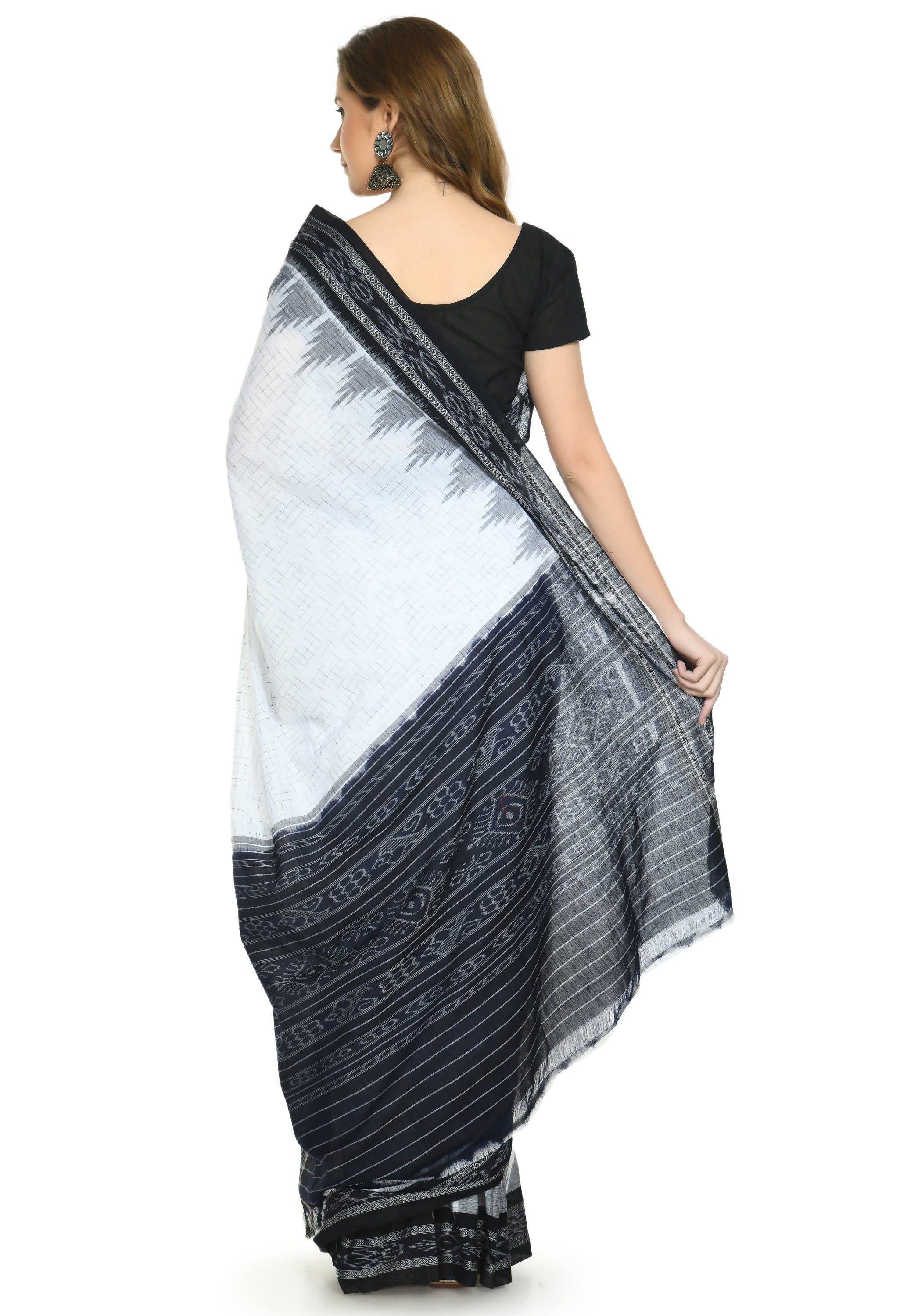 Vamika Sambalpuri Ikat Cotton Jharana White & Black Saree | Grocsy