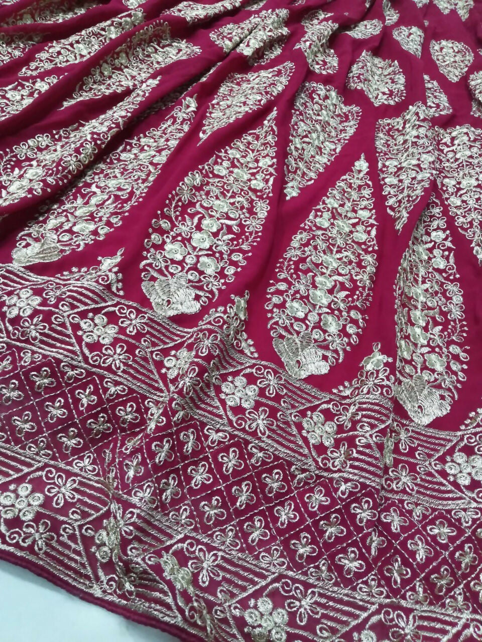 Jyoti Fashion Graceful Cherry Red Faux Georgette Jari Embroidery Lehenga Choli with Dupatta | Grocsy