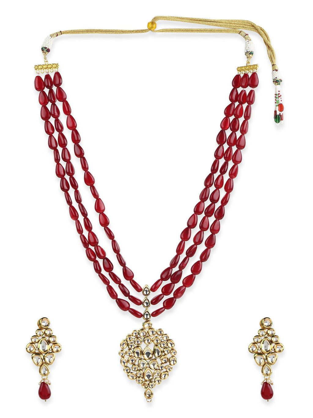 Gold-Polished White Maroon Kundan Studded Beaded Handcrafted Jewellery Set - Ruby Raang | Grocsy
