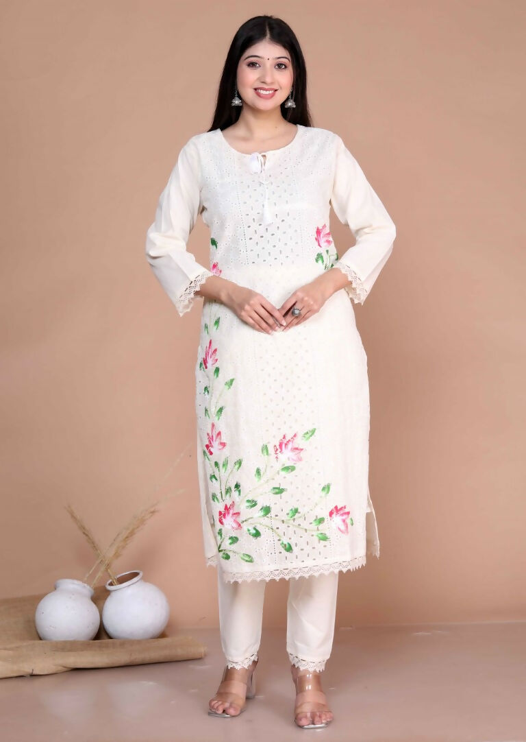 Miravan Women's Cream Hand Block Cotton Pakistani Kurta Palazzo With Dupatta Set | Grocsy