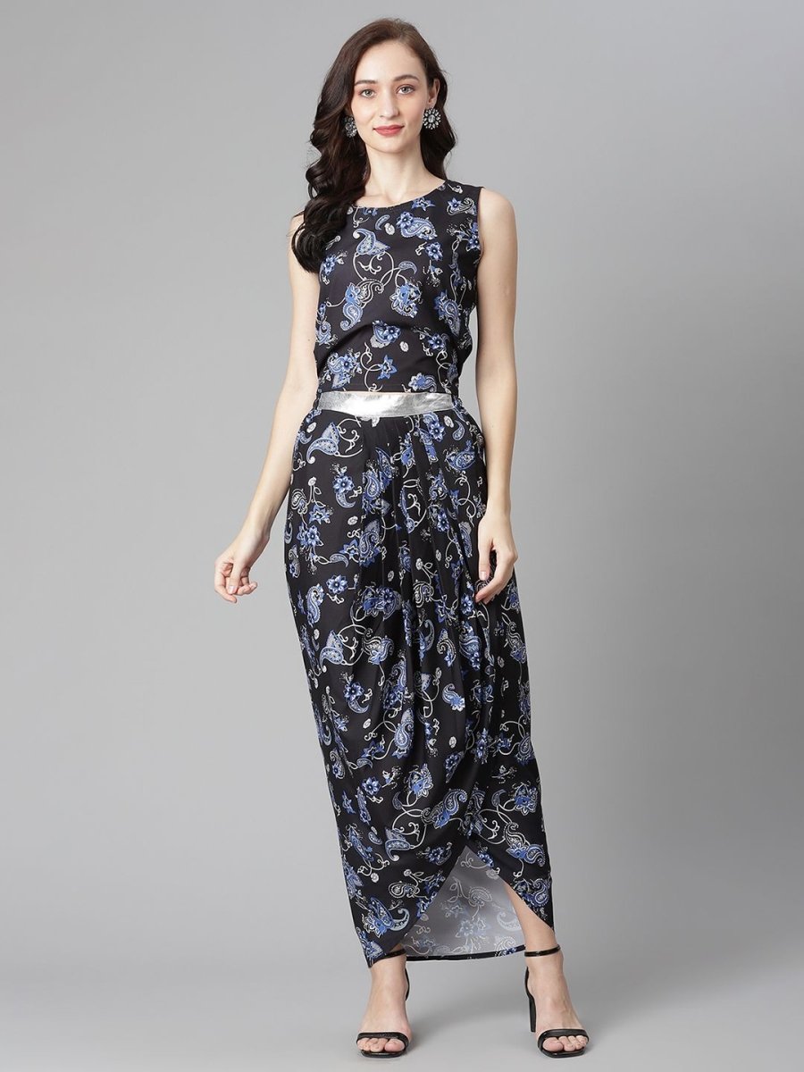 Ahalyaa Women's Black Crepe Digital Print Top Skirt With Shrug | Grocsy