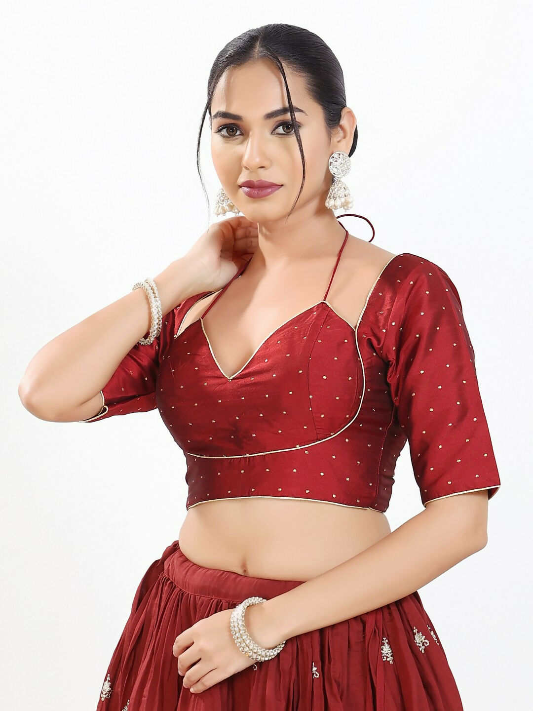 Joban Fashion Maroon Brocade Padded Blouse With Sweetheart Neck Elbow Sleeves | Grocsy