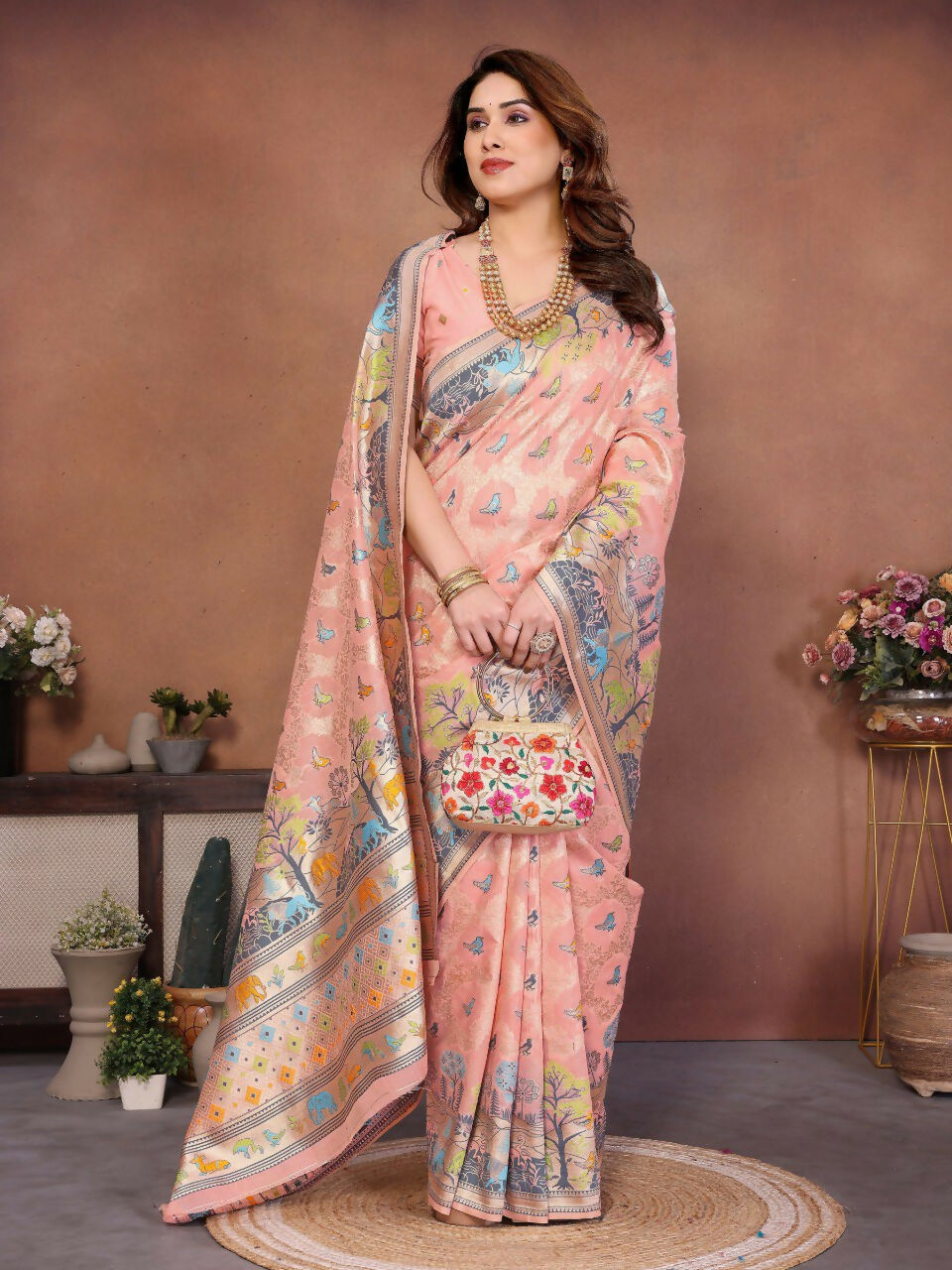 Teeya Creation New Latest Trendy Wedding Wear Pashmina Silk Saree-Peach | Grocsy