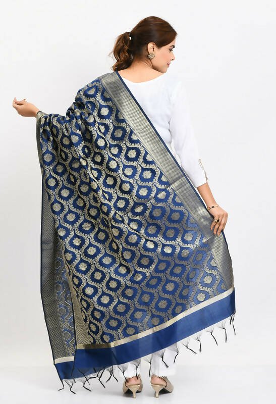 Mominos Fashion Moeza Women's Banarsi Silk All Over Woven Design Navy Blue Dupatta | Grocsy