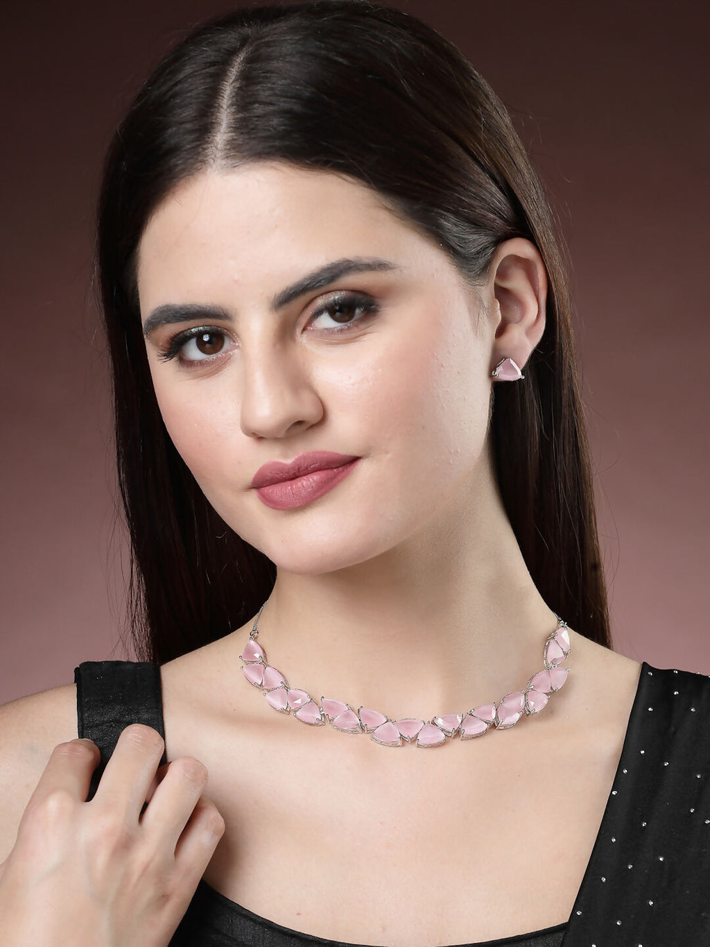 NVR Women's Pink Artificial Stones Studded Handcrafted Jewellery Set | Grocsy