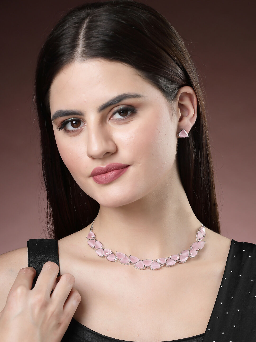 NVR Women's Pink Artificial Stones Studded Handcrafted Jewellery Set | Grocsy