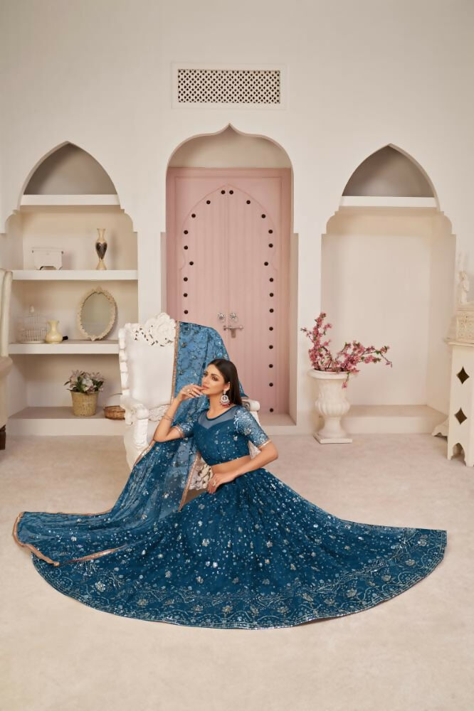 Aastha Fashion More Peach Butterfly Net All Over Thread Work, Zari Work And Sandwich Sequence Work Embroidery Wedding Wear Lehenga Choli | Grocsy