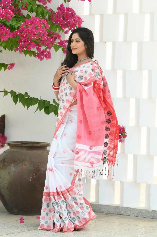 Beatitude White Cotton Jamdani Saree | Grocsy