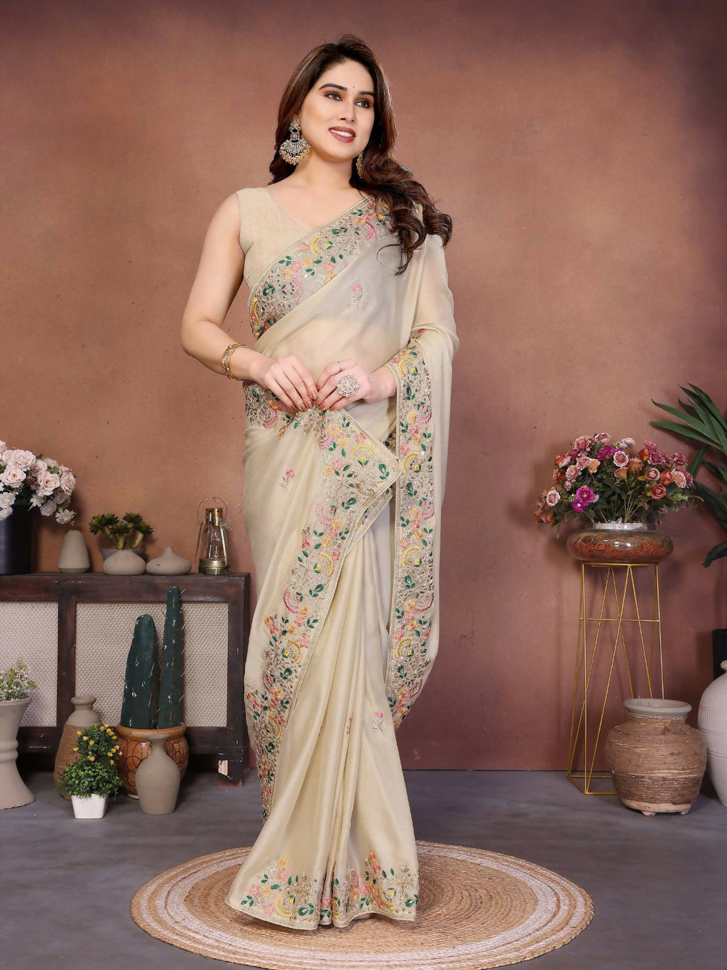 Teeya Creation New Trendy Party Wear Soft Silk Saree-Cream | Grocsy