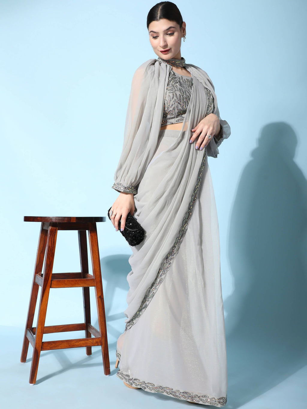 Grey Fancy Pure Fabric Plain Ready to wear Saree with stitched Blouse - Vrinda | Grocsy