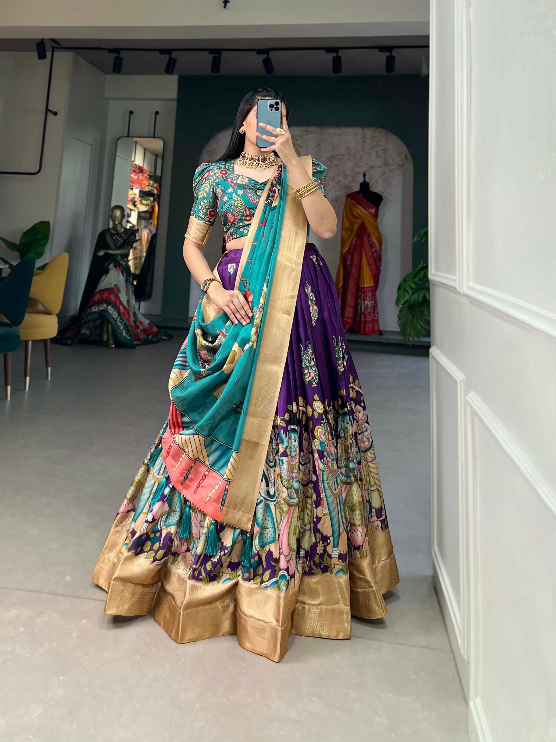 Vastranavya Kalamkari Print With Weaving Border Lehenga with Unstitched Blouse - Purple | Grocsy
