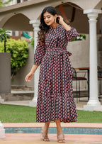 Kaajh Women's Black Bagru Print Floral Cotton Dress | Grocsy