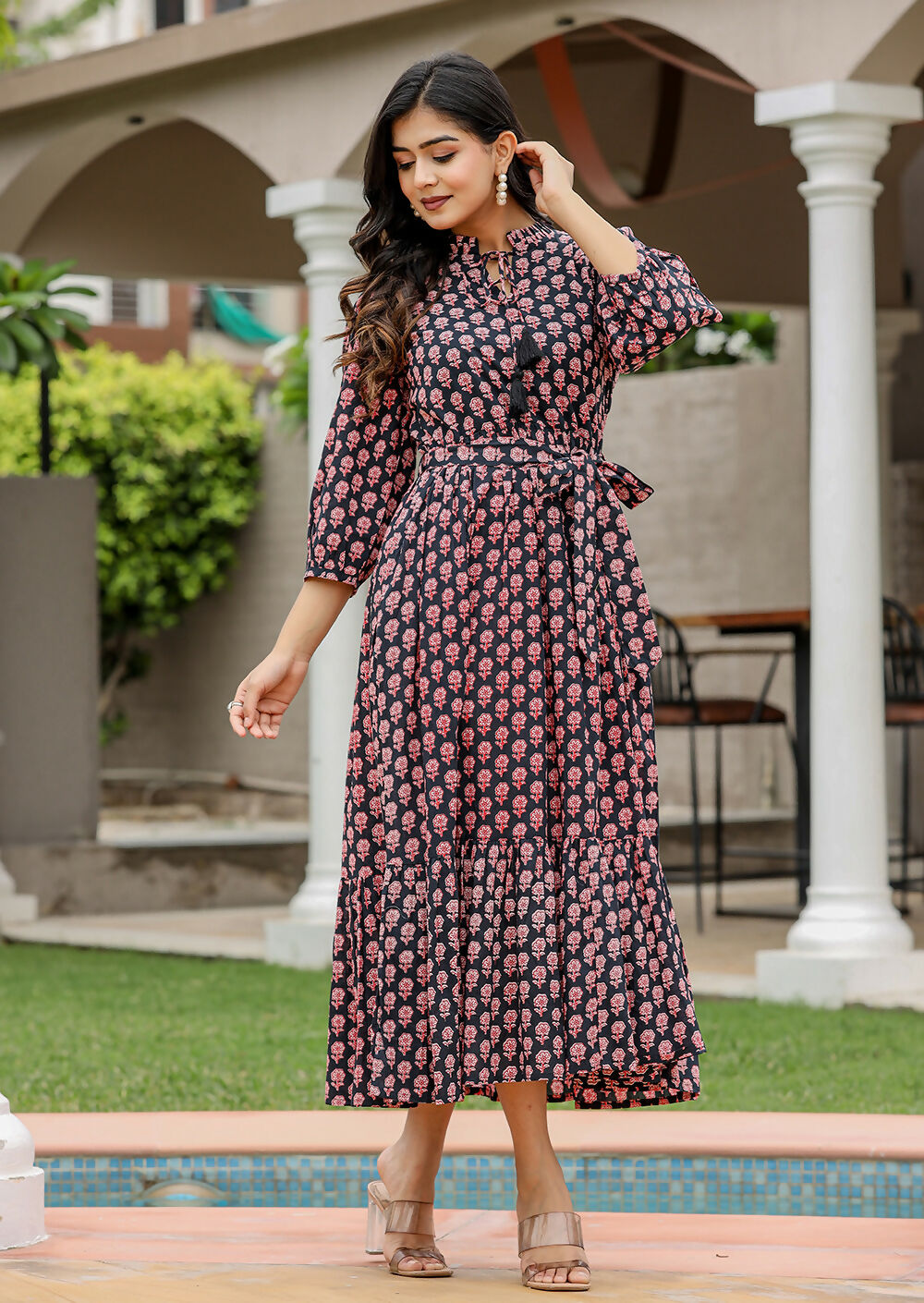 Kaajh Women's Black Bagru Print Floral Cotton Dress | Grocsy