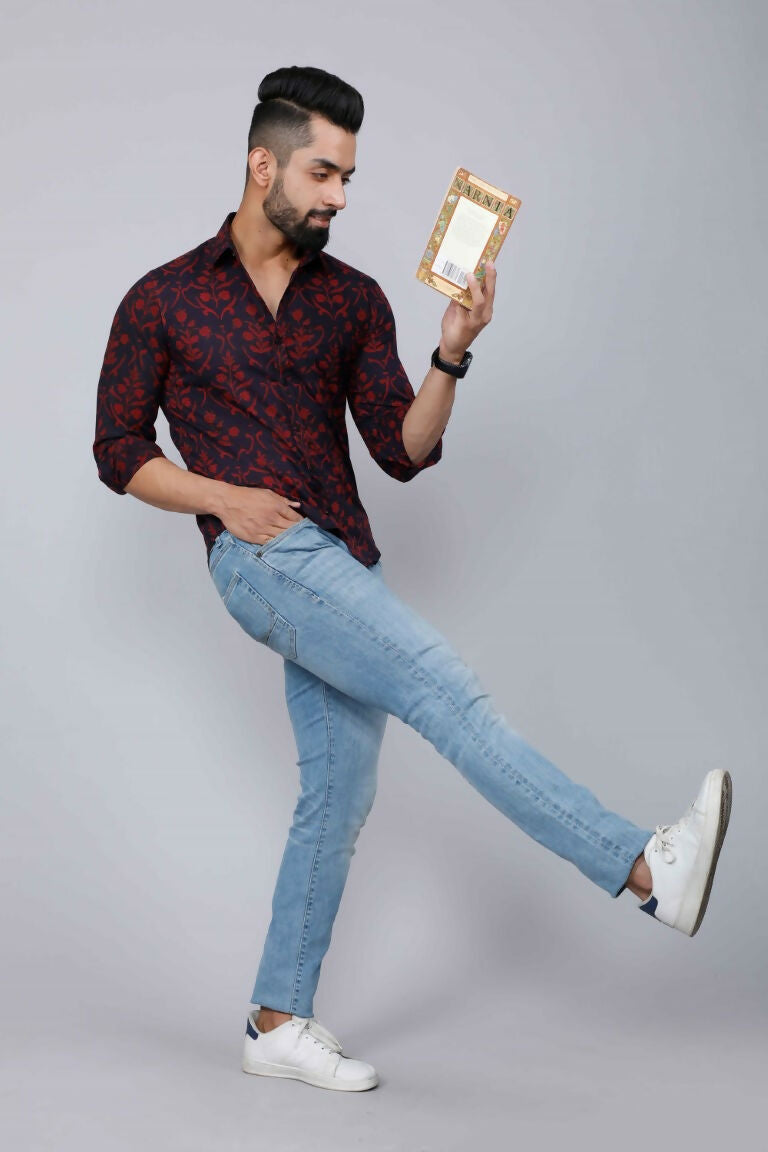 Miravan Men's Maroon Floral Printed Casual Full Sleeves Cotton Shirt | Grocsy