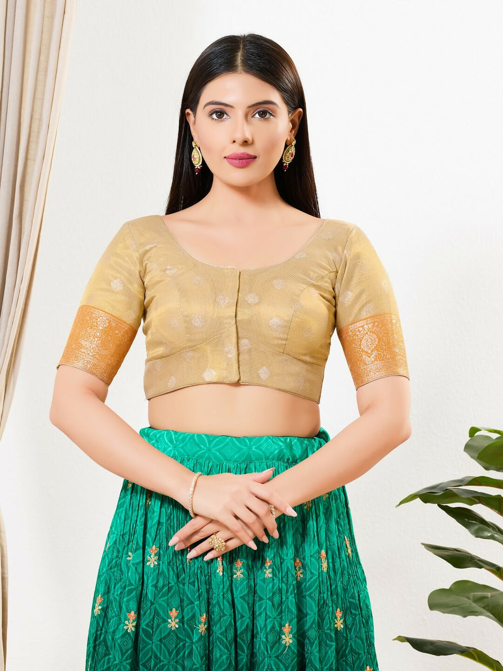Joban Fashion Gold Tissue Padded Blouse With Round Neck Elbow Sleeves | Grocsy
