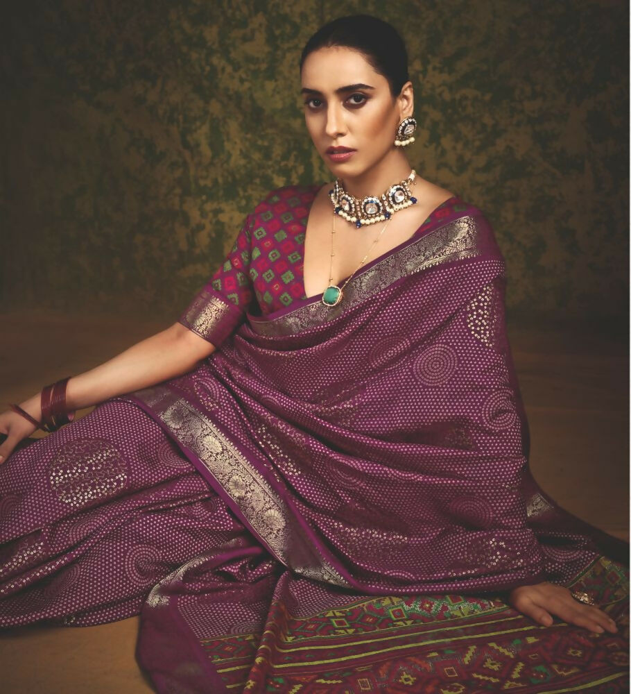 Joban Fashion Maroon Velvet Tussar Silk with Foil Print Saree | Grocsy