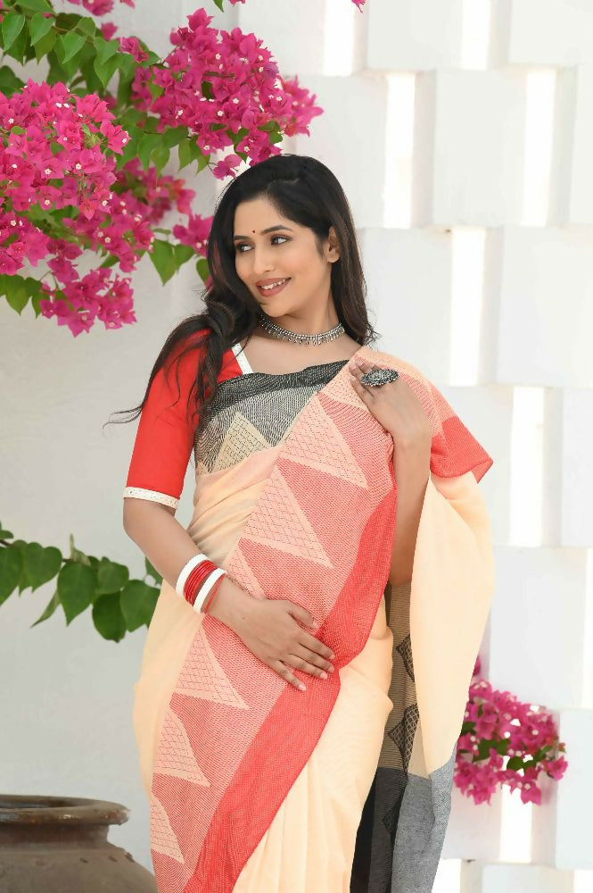Beatitude Cream Temple Border Cotton Saree | Grocsy