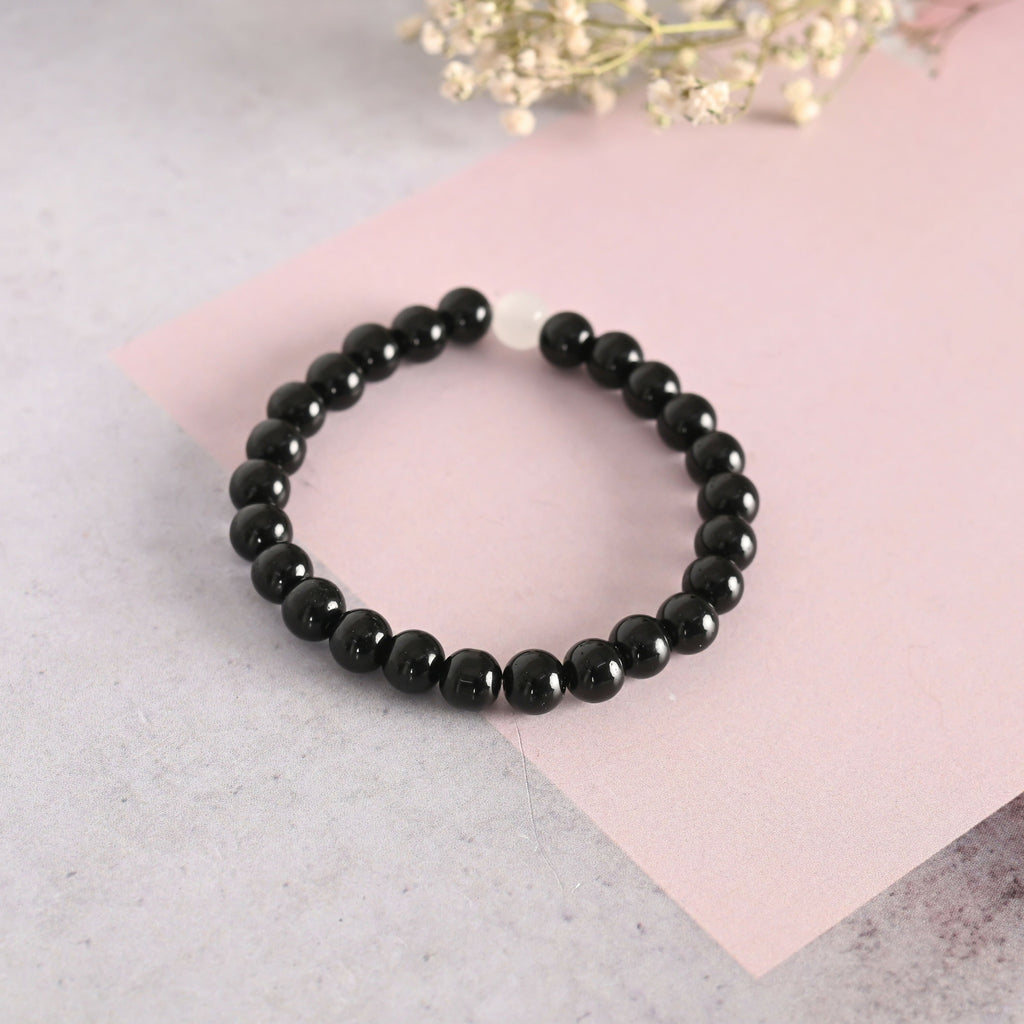 NVR Men & Women Black Marble Crystal Beaded Elasticated Bracelet | Grocsy