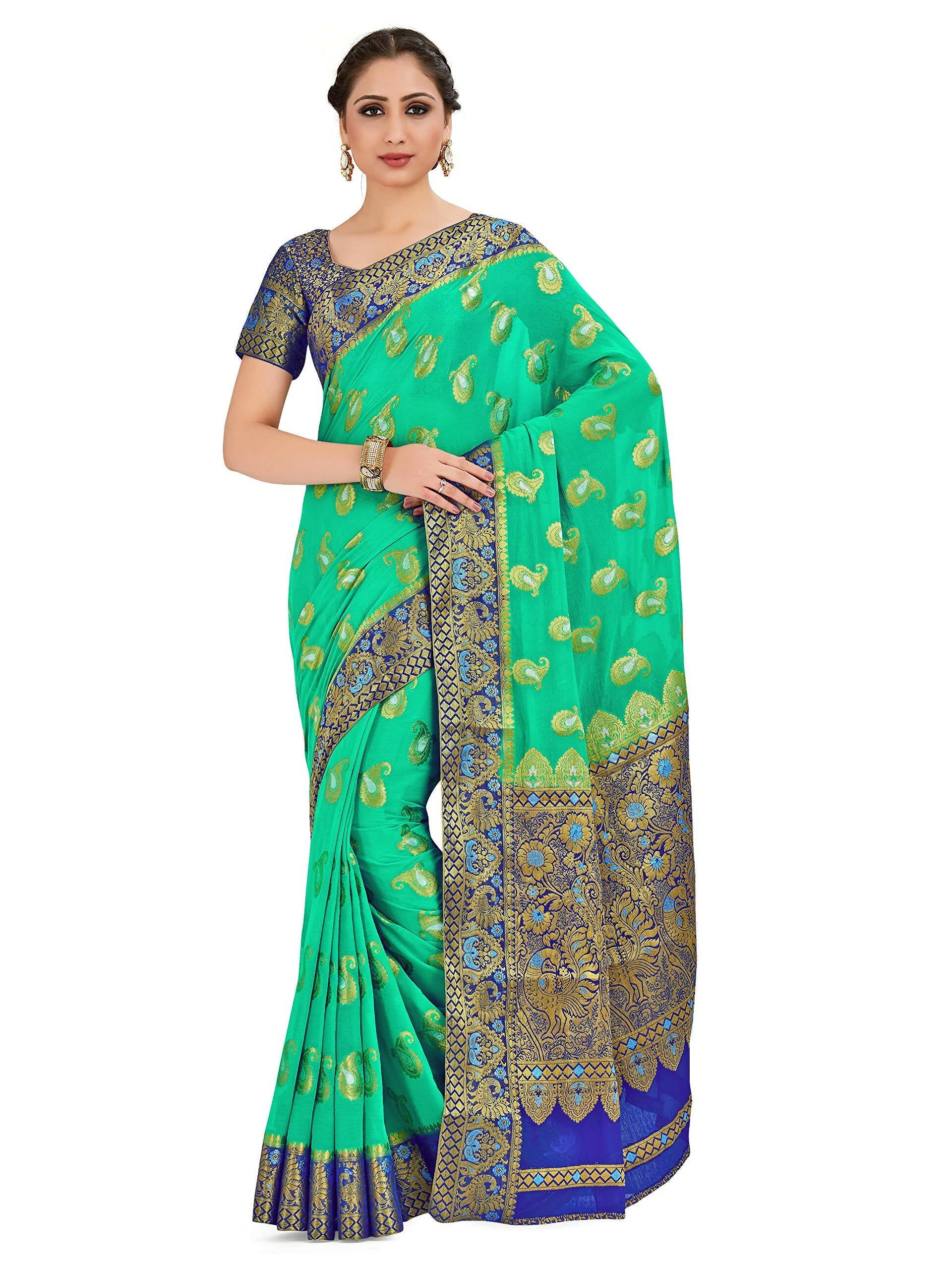 Mimosa Women's Green Banarasi Chiffon Saree | Grocsy