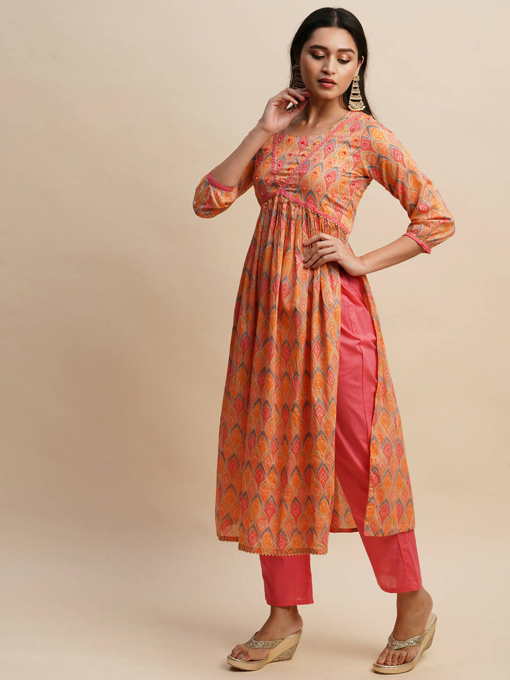 Orange Pure Cotton Bandhani Printed Naira Cut Kurta And Bottom With Dupatta - Akashara | Grocsy