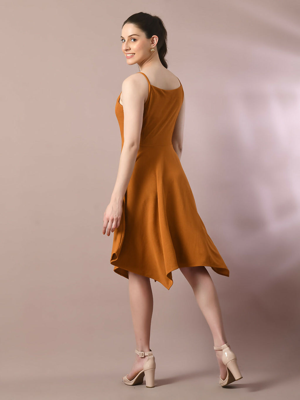 Myshka Women's Mustard Solid Shoulder Straps Fit and Flare Party Dress | Grocsy