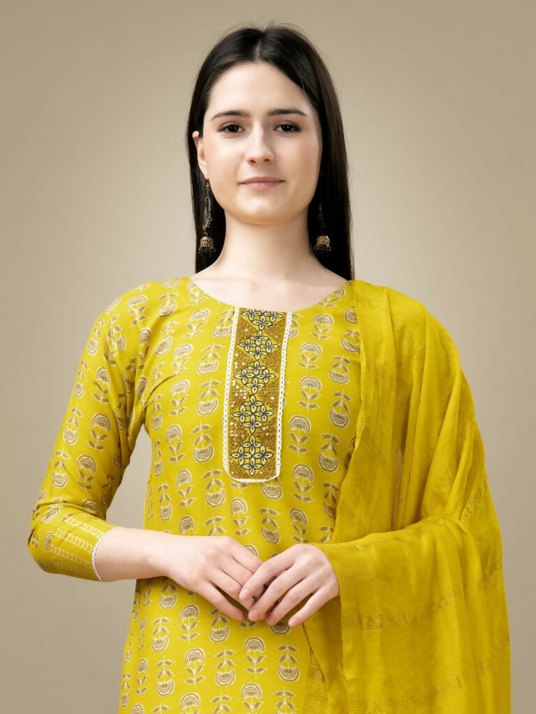Jyoti Fashion Women's Yellow Rayon Embroidery & Sequence work Kurta with Trouser & Dupatta | Grocsy