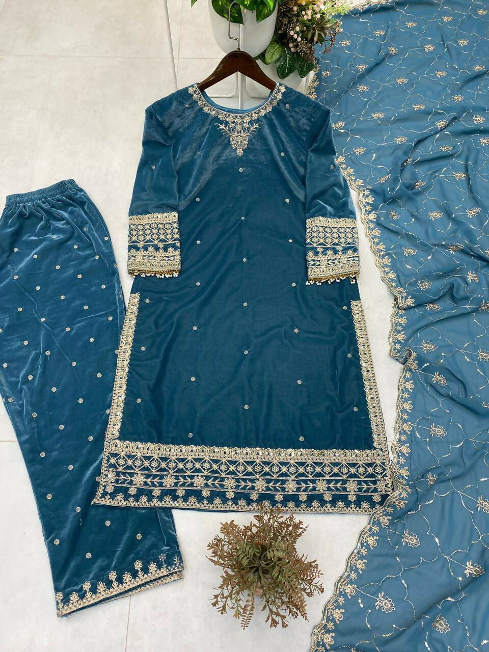Vastranavya Blue Velvet Sequence Embroidery Work Kurta & Bottom With Dupatta | Grocsy