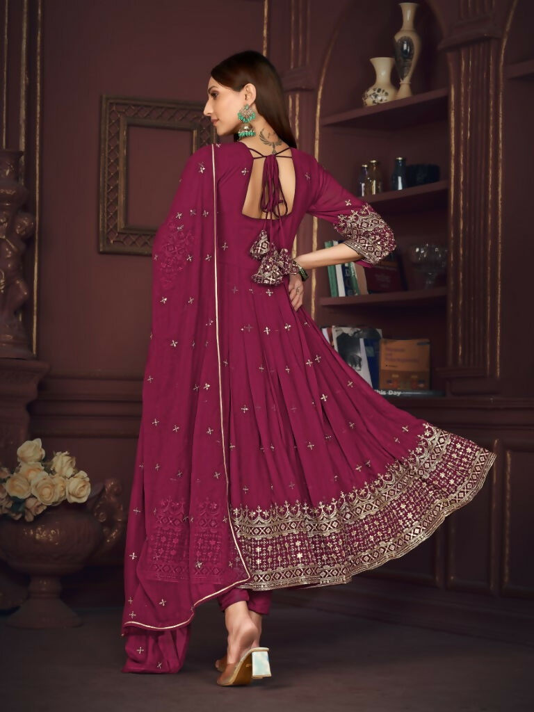 Jyoti Fashion Women's Rani Pink Georgette Embroidered Anarkali Kurta Pant Set With Dupatta | Grocsy