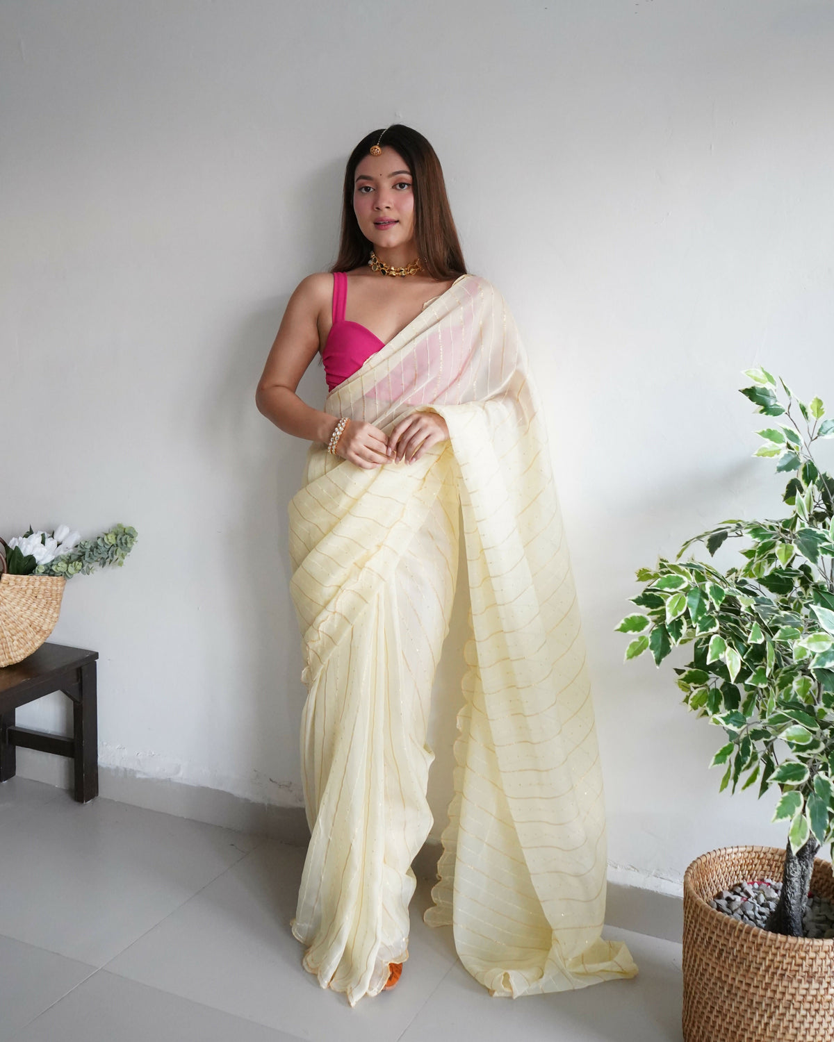 Vamsee Lining Organza Yellow Chiffon Saree | Grocsy