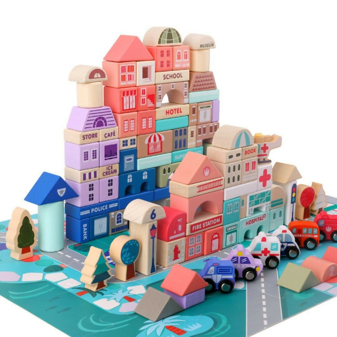 Nesta Toys 115 Pieces Wooden City Building Blocks, Stacking Educational Toys |Building Toys for Creative Play (3+ Years) | Grocsy