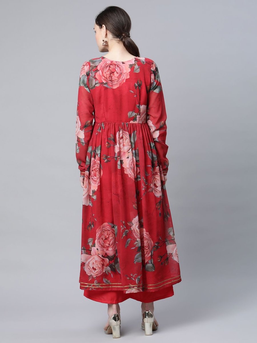 Ahalyaa Women Red Georgette Digital Floral Printed Kurta Palazzo Set | Grocsy