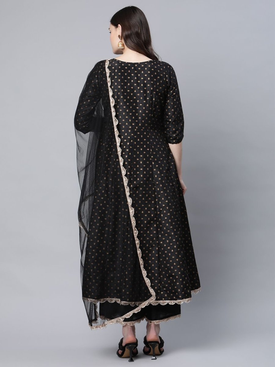 Ahalyaa Women Black Poly Silk Gold Printed Anarkali Kurta Palazzo Set With Dupatta | Grocsy