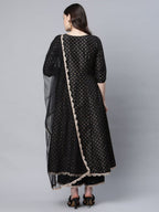 Ahalyaa Women Black Poly Silk Gold Printed Anarkali Kurta Palazzo Set With Dupatta | Grocsy