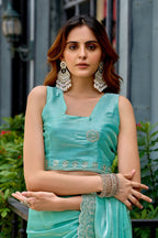Vastranavya Turquoise Embroidery Work Shimmer Chiffon Saree with Unstitched Blouse | Grocsy