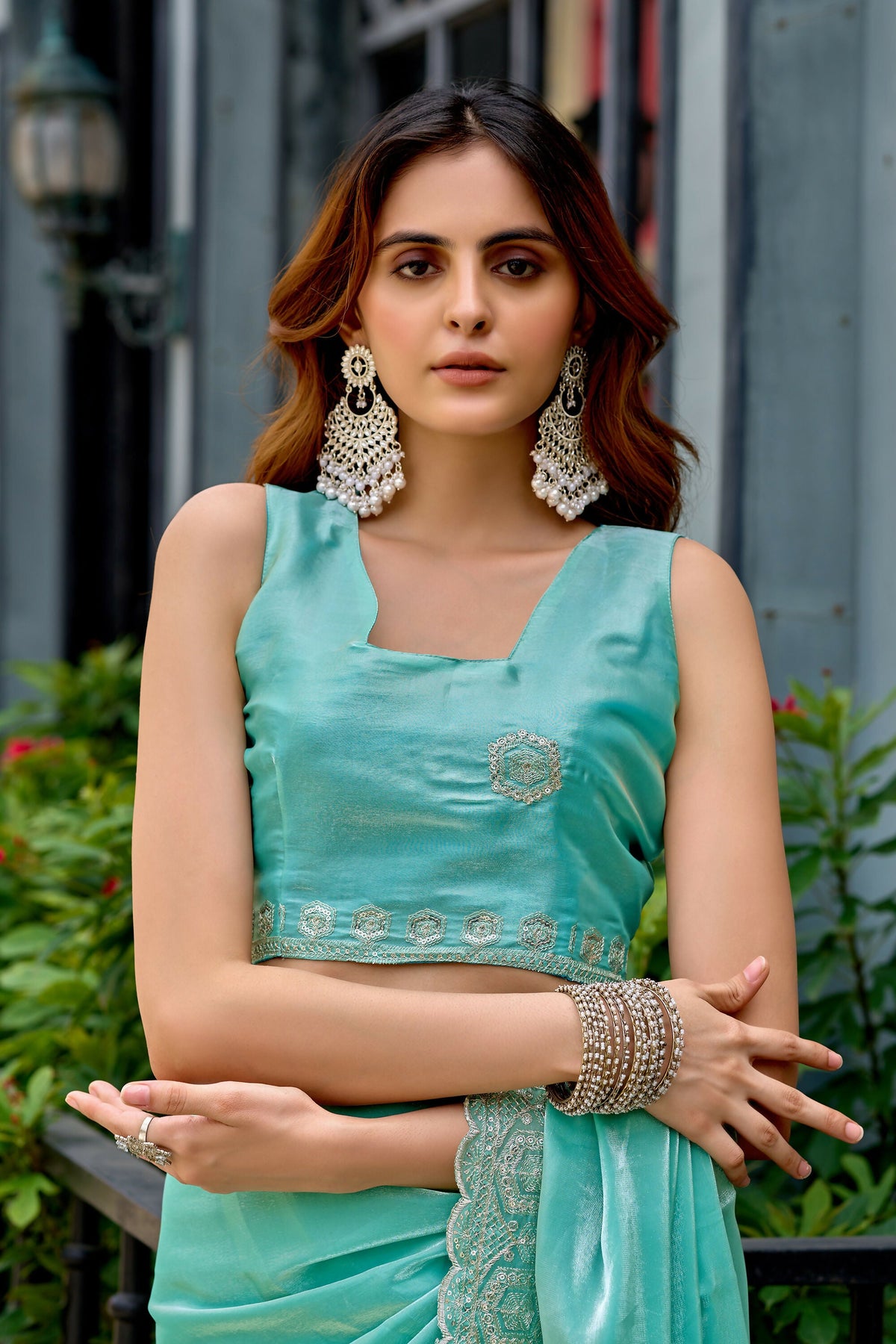 Vastranavya Turquoise Embroidery Work Shimmer Chiffon Saree with Unstitched Blouse | Grocsy