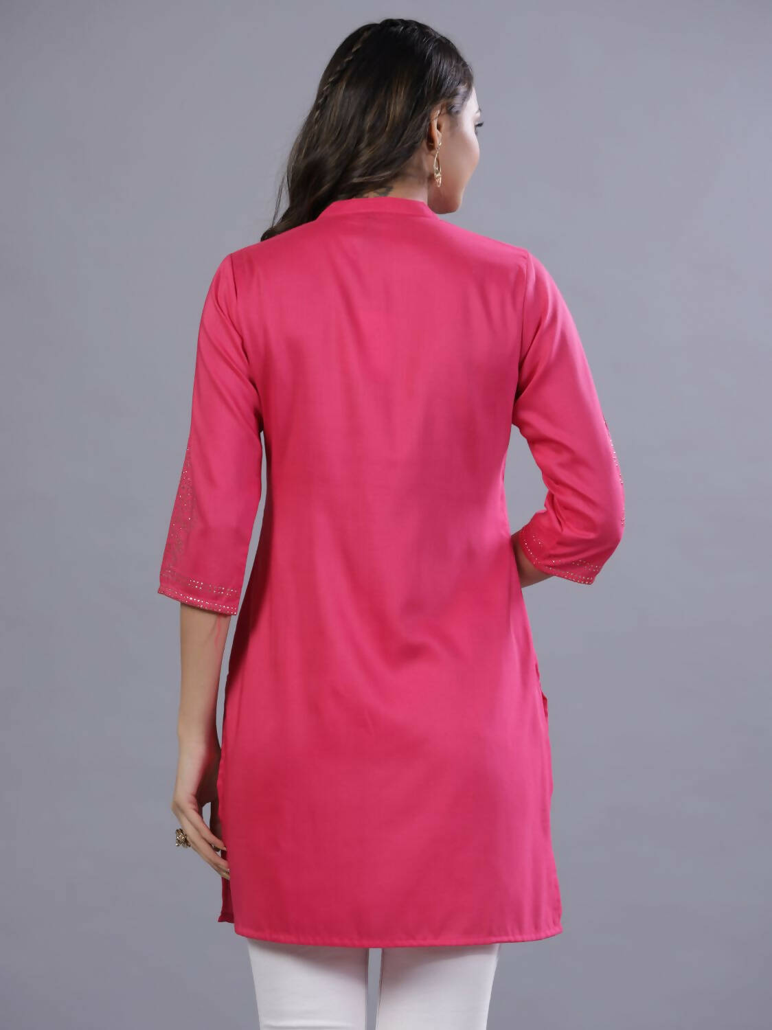 Juniper Women Fuchsia Chinon Silk Mukesh Work Straight Tunic | Grocsy