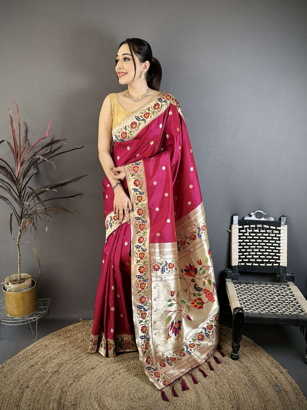 Prime Volt Premium Soft Silk Mayur Paithani Saree with Peacock Meena Weaving & Rich Pallu-Deep Maroon | Grocsy