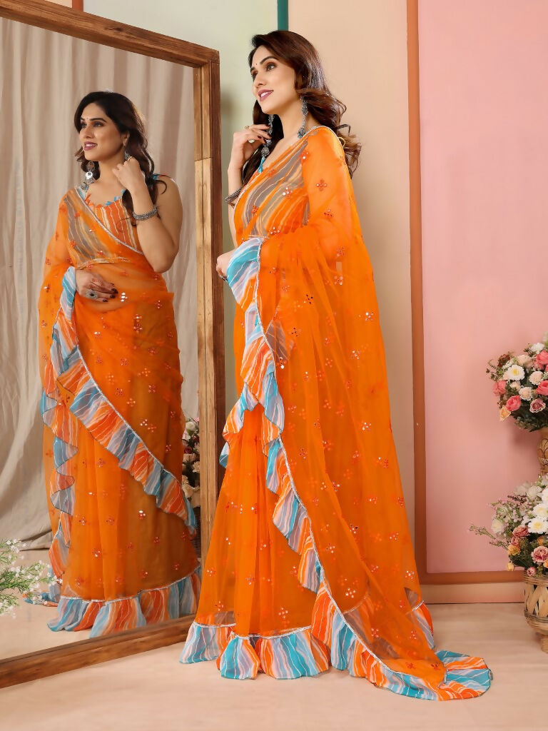 Partywear Designer Orange Net Fancy Saree - Dyuti | Grocsy