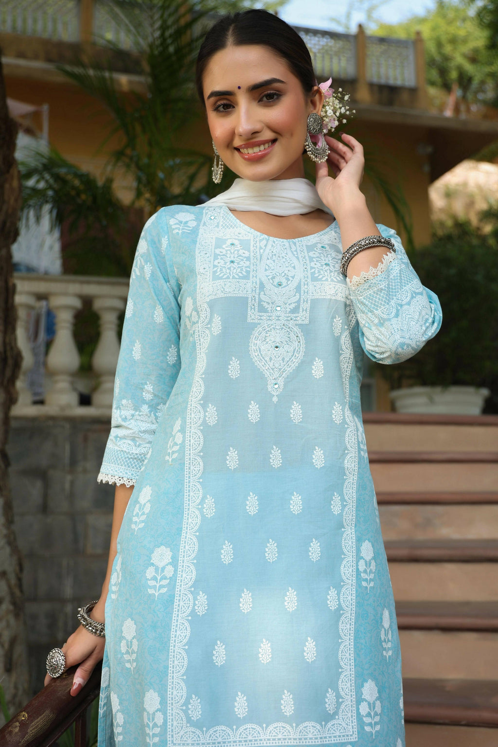 Juniper Women's Skyblue Printed Straight Kurta Sets | Grocsy